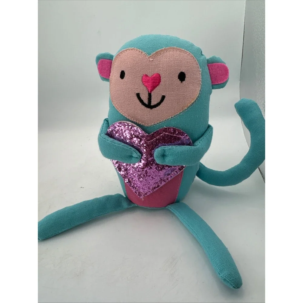 Cute Teal Monkey Plush Stuffed Animal‎ Glitter Heart Valentine Love